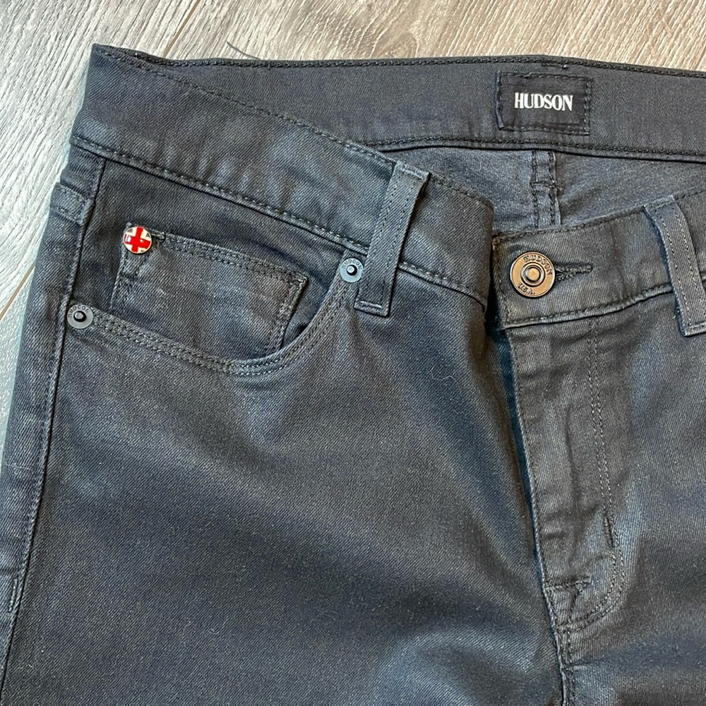 The Hudson Niro coated Krista Ankle Super Skinny low rise black jeans .
